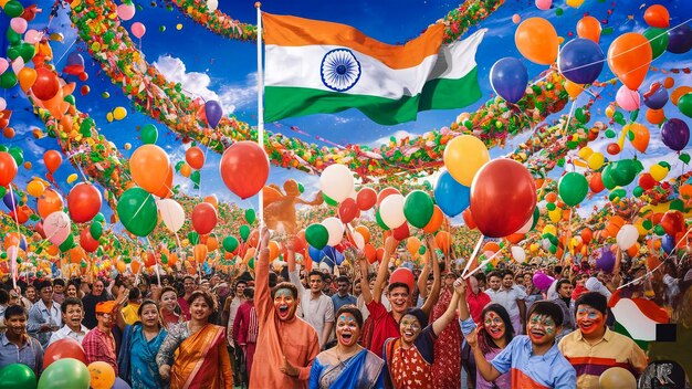 a crowd of people are gathered in a large crowd with balloons and flags