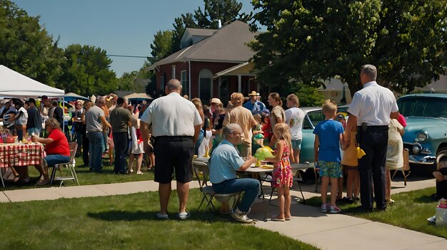 a crowd of people are gathered outside in front of a house