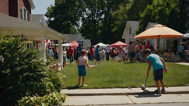 a crowd of people are gathered outside in a park