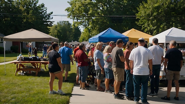 a crowd of people are gathered in a park with tents in the background