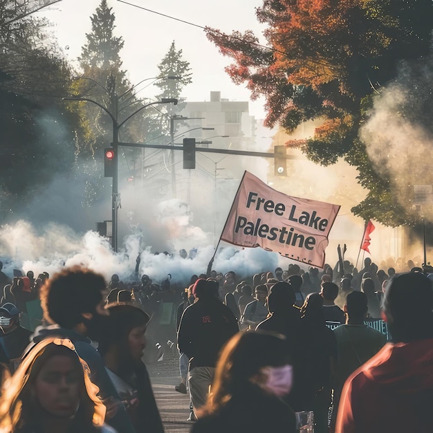 Photo a crowd of people are gathered in a street with a sign that says free lakes