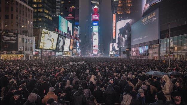 A crowd of people are gathered in times square in new york city.