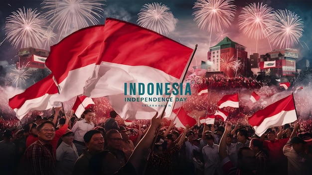 a crowd of people are holding flags and one is holding a red white and blue flag