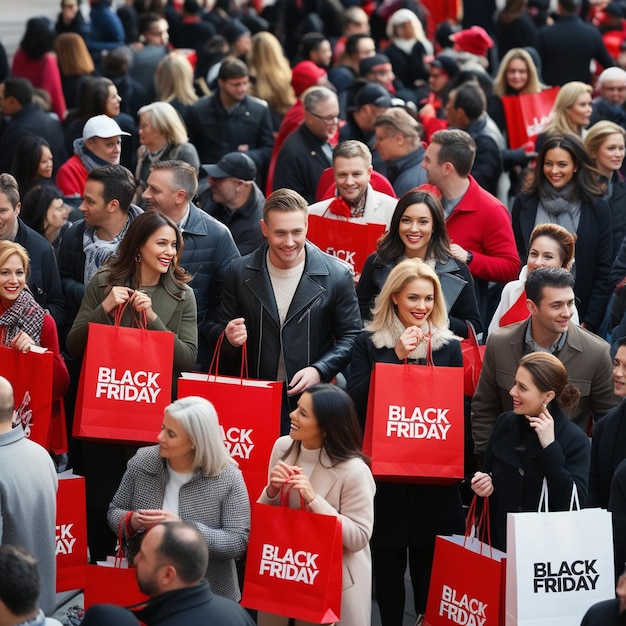 Photo a crowd of people are holding red shopping bags