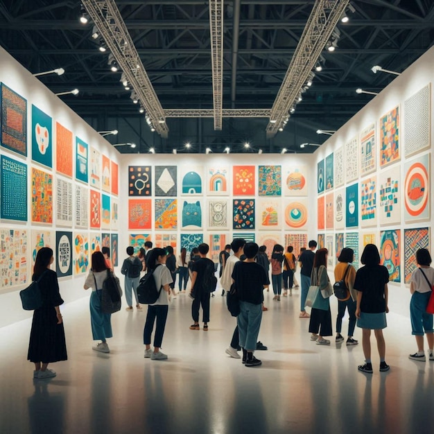 a crowd of people are looking at a display of colorful artwork