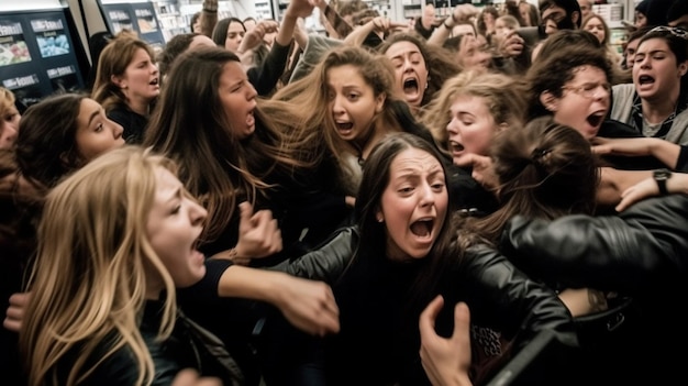 A crowd of people are mobbed by the word'don't '