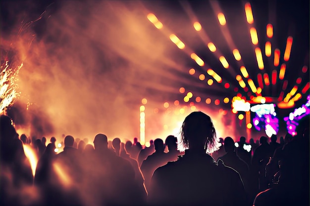 A crowd of people are silhouetted against a stage lit up with lights.