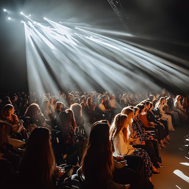 A crowd of people are sitting in a dark room with a light on the ceiling