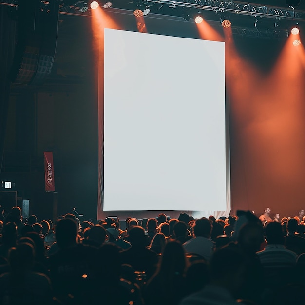 a crowd of people are sitting in front of a large screen that says  the word  on it