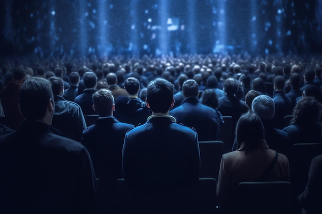 A crowd of people are sitting in a theater, with a blue background and the word'big'on the front.