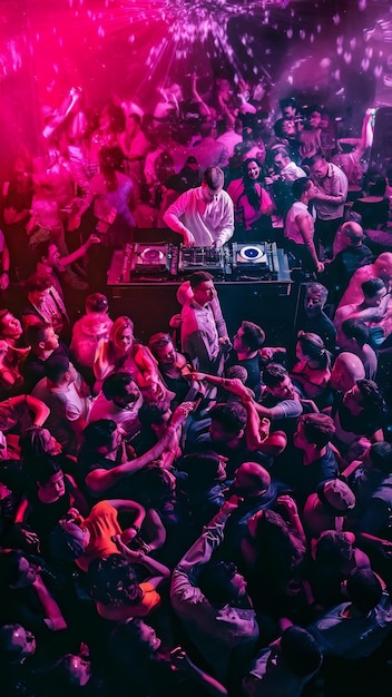 Photo a crowd of people are standing in a club with pink and purple lights