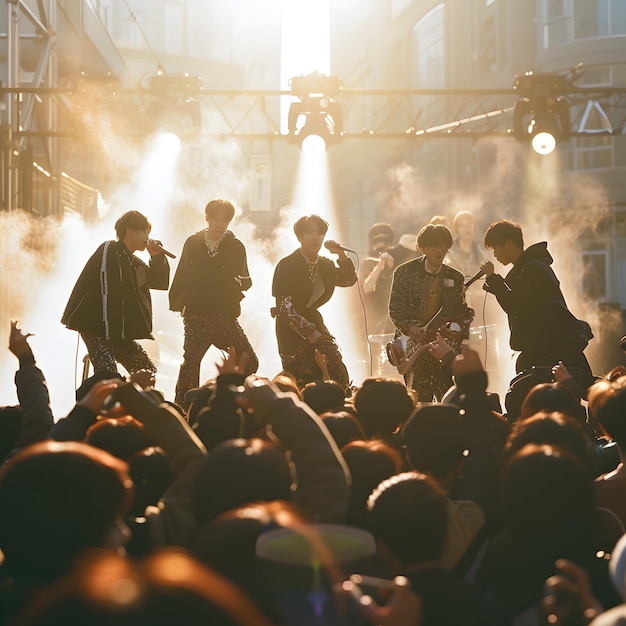 a crowd of people are standing in front of a building with smoke coming out of it