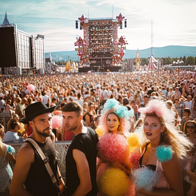 a crowd of people are standing in front of a large crowd