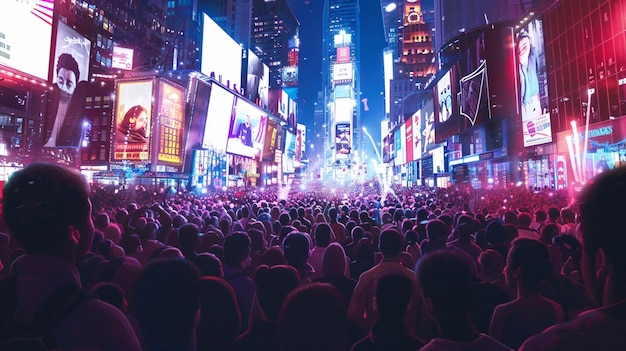 a crowd of people are standing in front of a neon sign that saysthe world