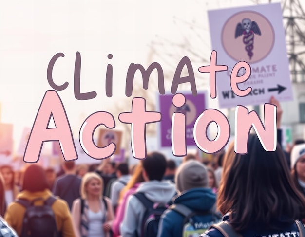 a crowd of people are standing in front of a sign that says climate action