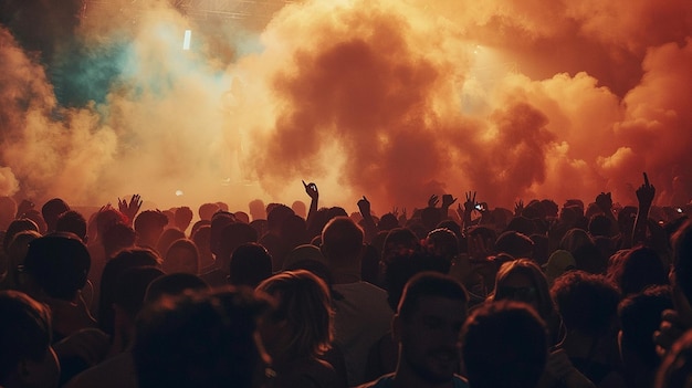 a crowd of people are standing in front of a smoke filled with smoke