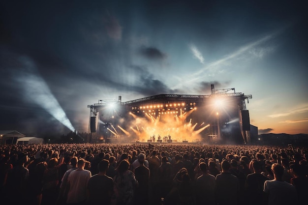 A crowd of people are standing in front of a stage with a large crowd watching.