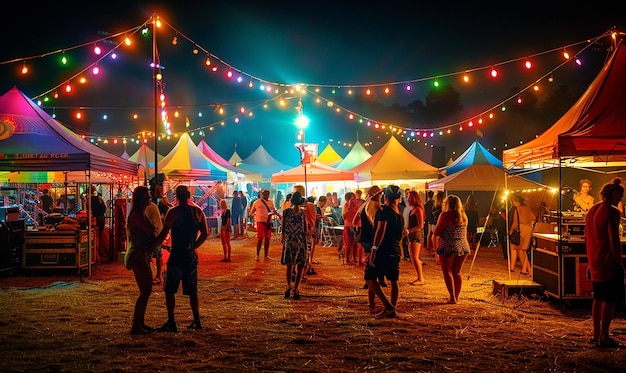 a crowd of people are standing in front of a tent with lights on it