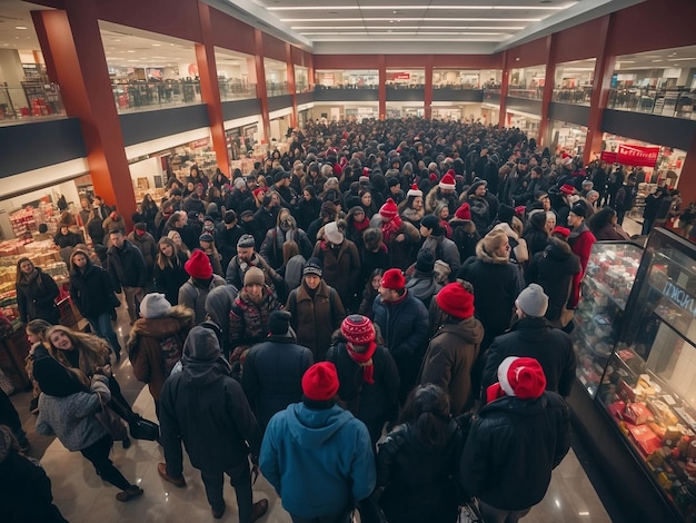 a crowd of people are standing in a large building with a red hat on it