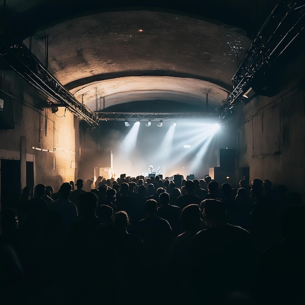 A crowd of people are standing in a large room with a light on the ceiling