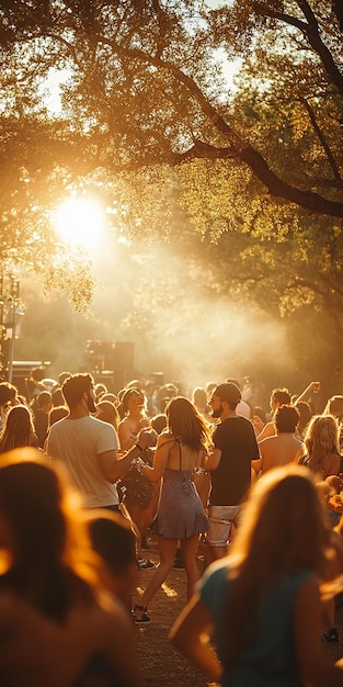 a crowd of people are standing in a park with the sun shining through the trees