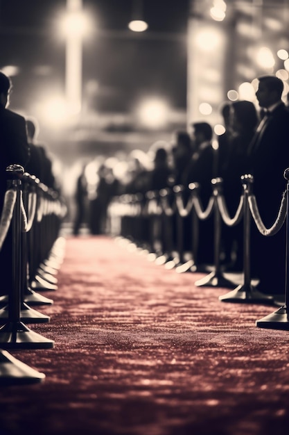 Crowd of people are standing on red carpet