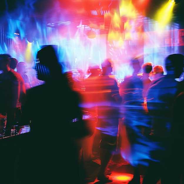 Photo a crowd of people are standing in a room with a colorful light