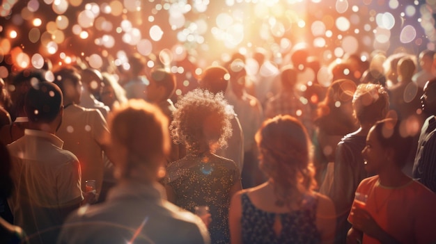 Photo a crowd of people are standing in a room with a lot of light and a lot of people