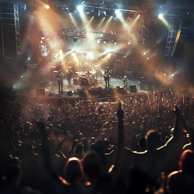 A crowd of people are standing in a stadium with the words quot all quot on the stage