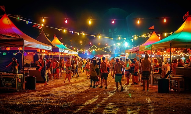 a crowd of people are standing under tents at a festival