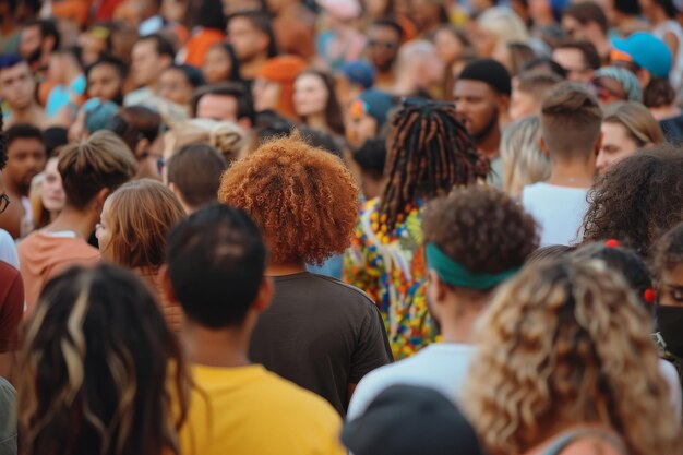 A crowd of people are standing together with some wearing yellow shirts