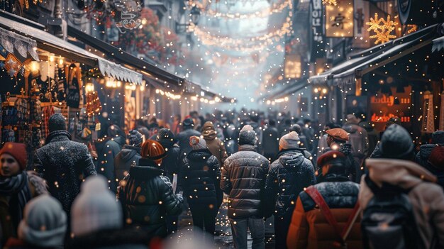 a crowd of people are walking down a street with snow on the roof