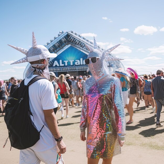 a crowd of people are walking in front of a sign that says  all