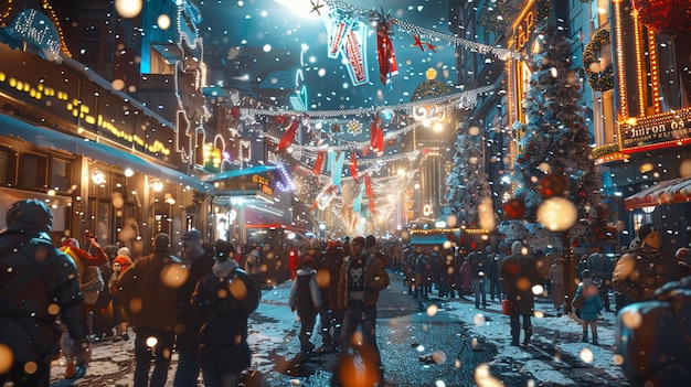 a crowd of people are walking in the snow