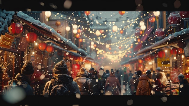 Photo a crowd of people are walking through a snow covered street