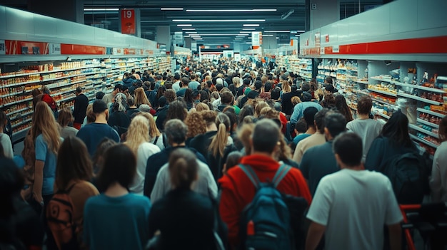 a crowd of people are walking through a supermarket