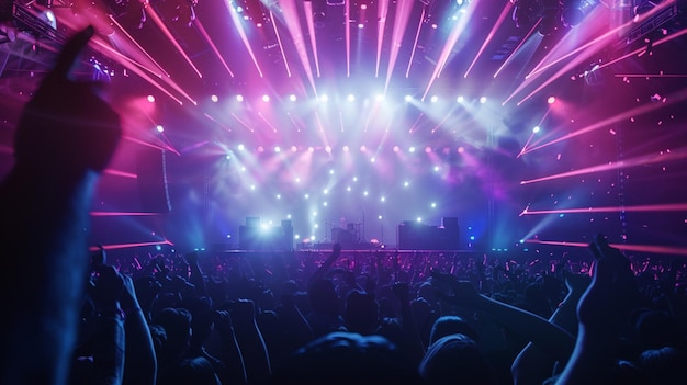 a crowd of people are watching a concert with a neon light on the stage