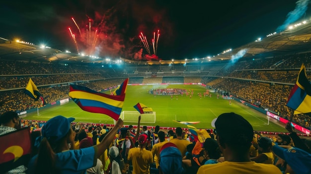 a crowd of people are watching fireworks in the stadium