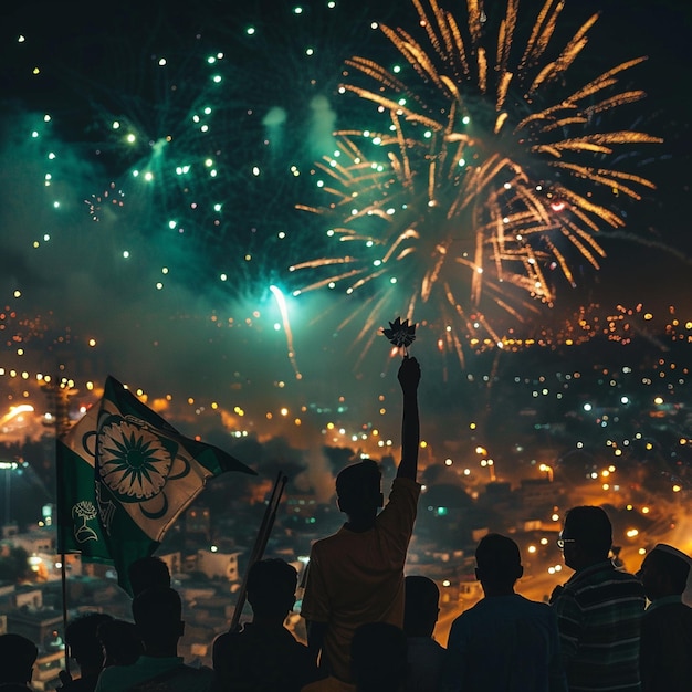 a crowd of people are watching fireworks and the word  gargo  on the top of a building