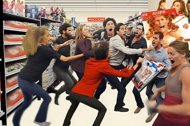 Crowd of people on black friday fighting for promotional goods Neural network AI generated