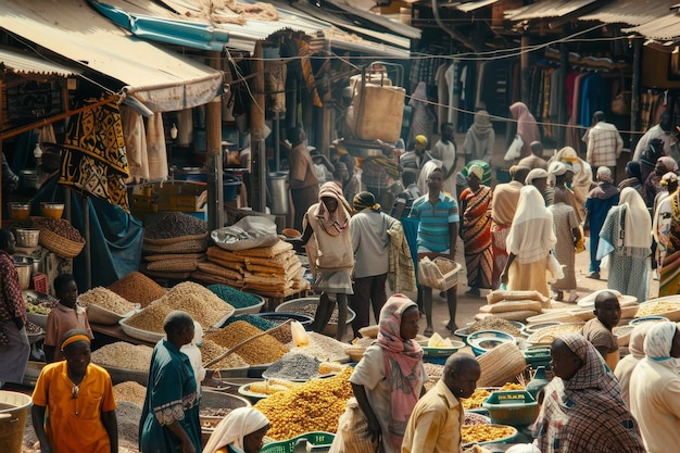 Photo crowd of people browsing stalls in a busy market area a bustling marketplace filled with vendors and customers conducting transactions