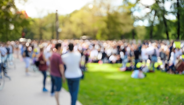 The crowd of people in a city nature park blurred background