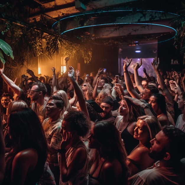 crowd of people in a club with arms raised in the air generative ai