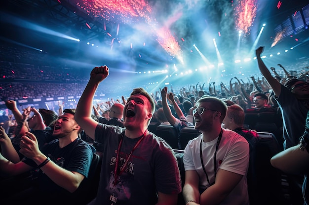 A crowd of people at a concert watching fireworks