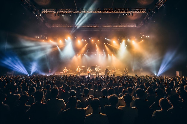 A crowd of people at a concert with a band playing on the stage