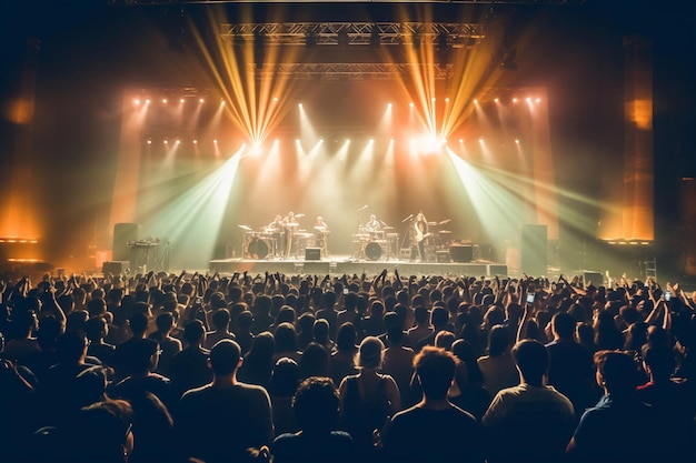 A crowd of people at a concert with a band playing on stage