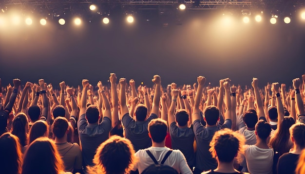 A crowd of people at a concert with the word live on the front