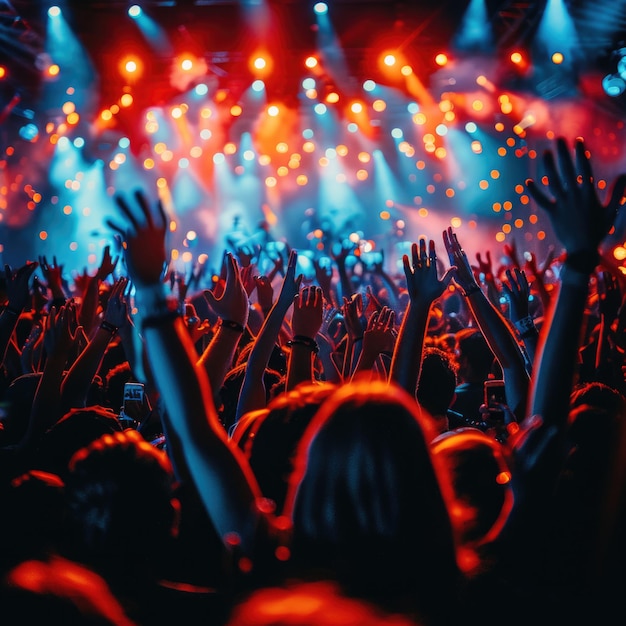 a crowd of people at a concert with the words  hands up  in the air