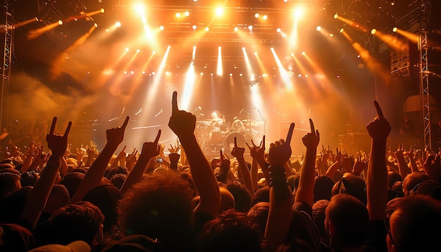 a crowd of people at a concert with the words  rock band  on the stage