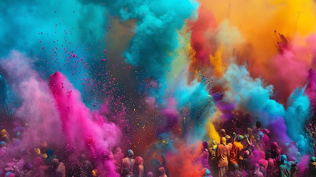 A crowd of people covered in vibrant colored powder during a Holi festival celebration